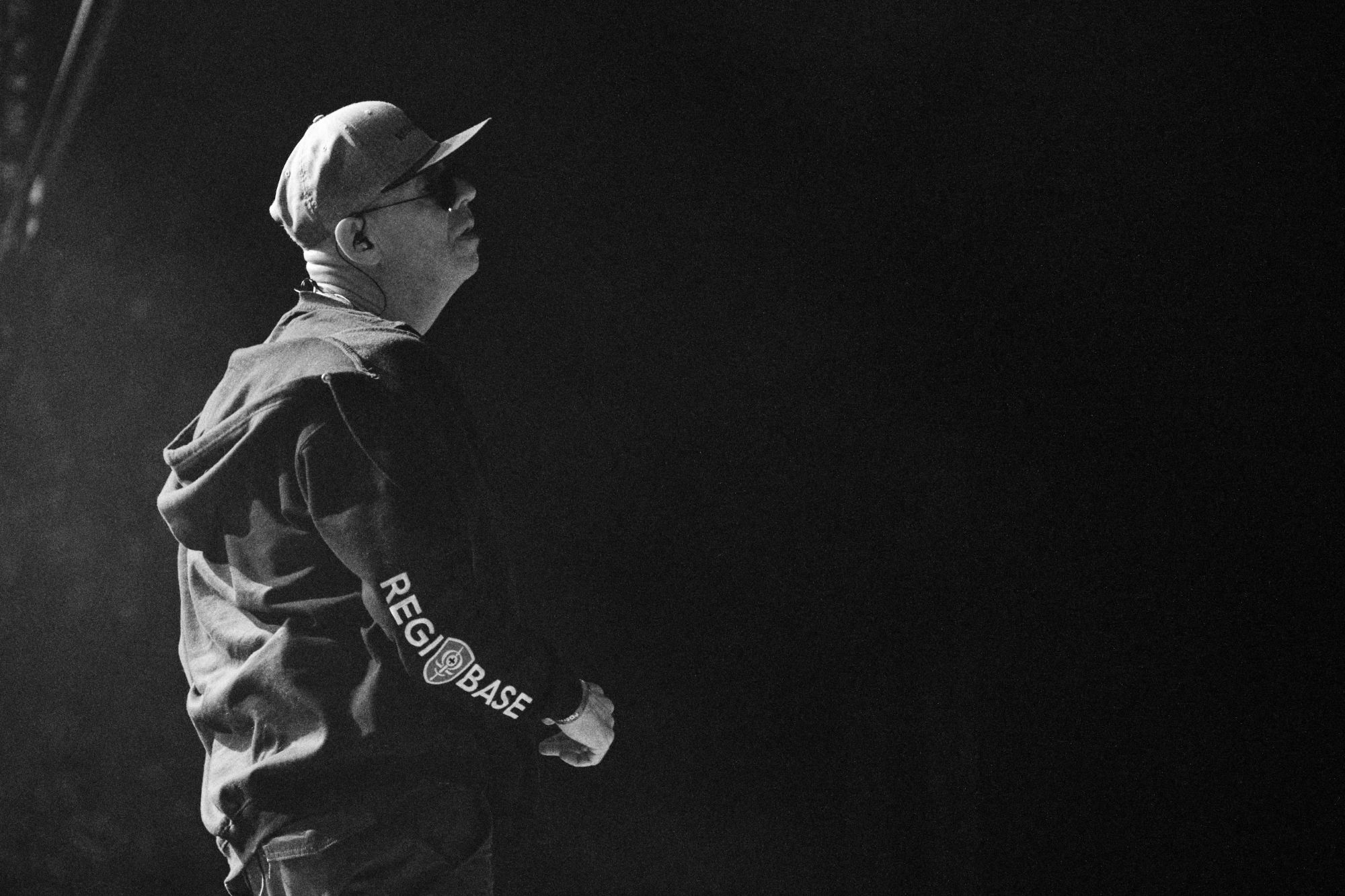 Black and white photo of J.A.R. perfoming at Rock for Churchill