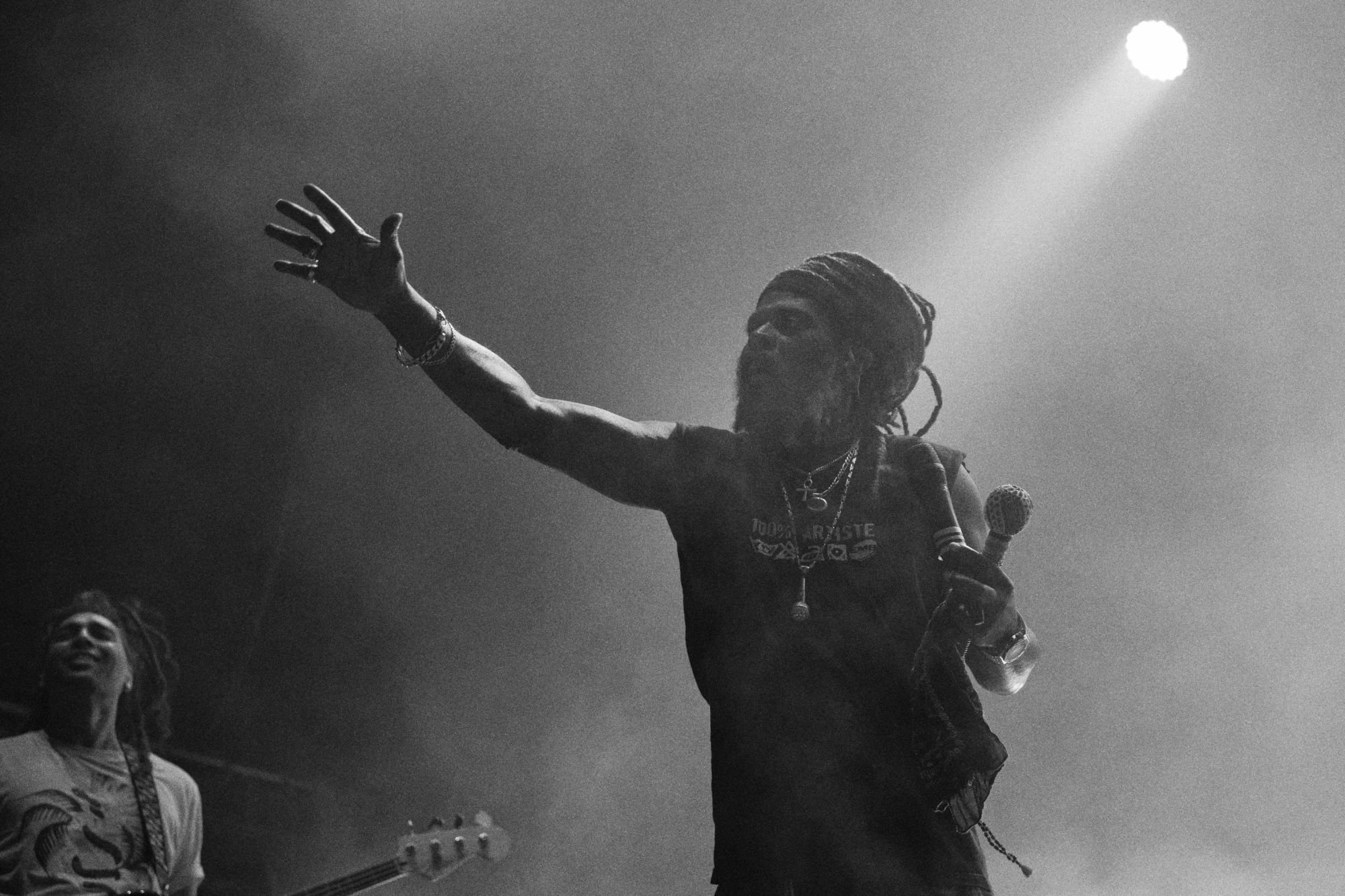 Black and white photo of Asian dub Foundation performing at Rock for Churchill