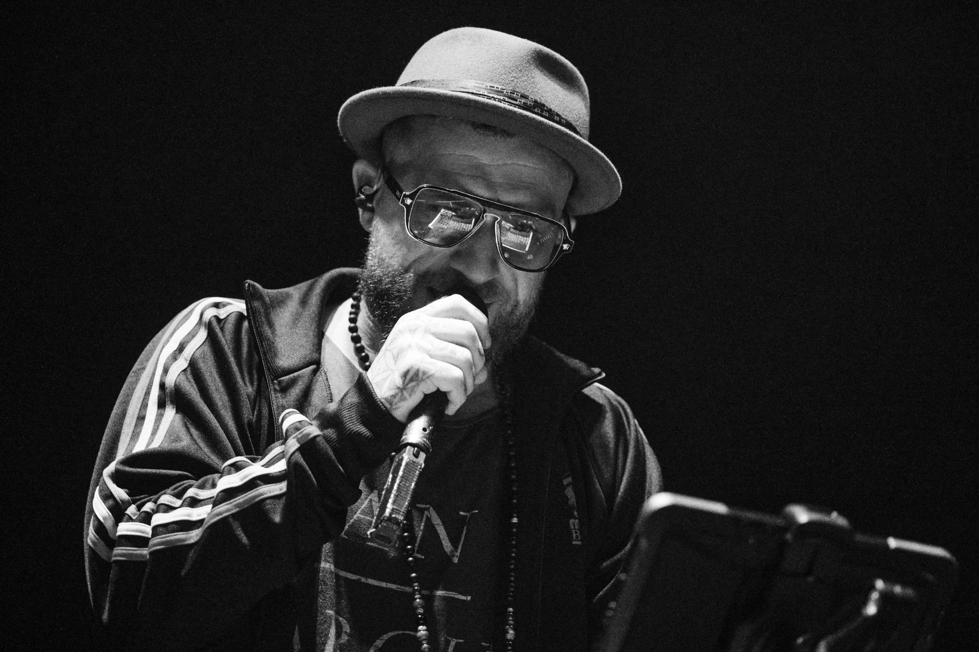 Black and white photo of DubFX performing live at Rock for Churchill