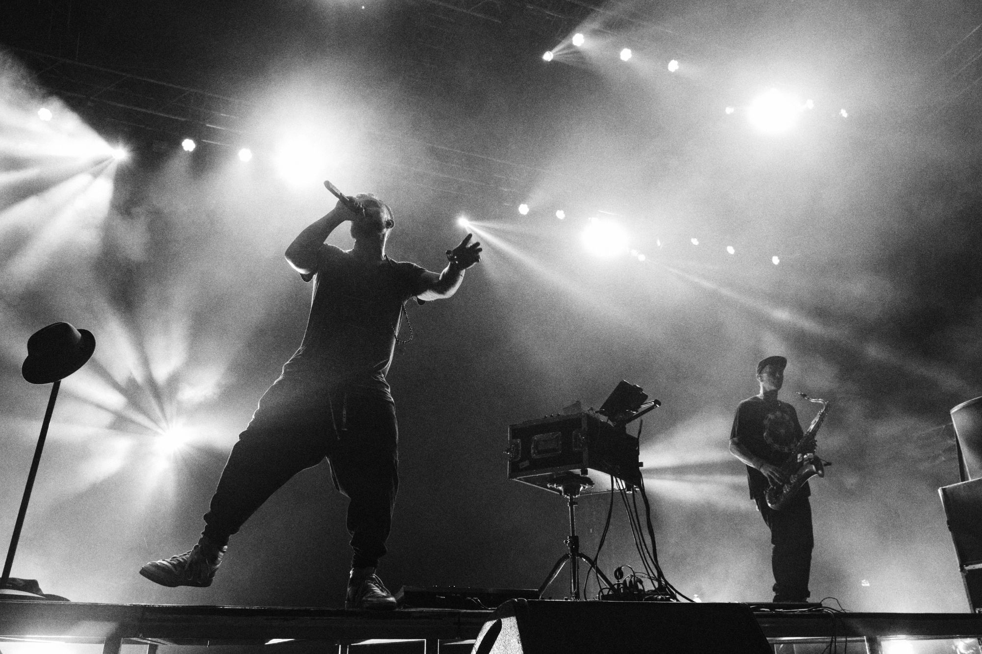 Black and white photo of DubFX and Mr. Woodnote performing live at Rock for Churchill